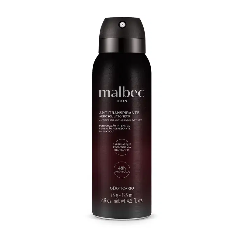 Frasco preto fosco com letras cinzas contendo 75g/125ml de antitranspirante aerossol jato seco da marca Malbec Icon.