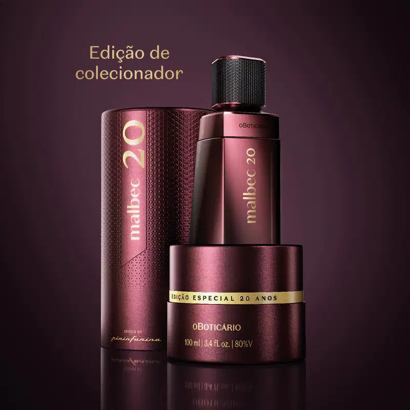 Produtos de perfumaria Malbec 20 em embalagens de colecionador. Texto destaca: "Edição Especial 20 Anos".