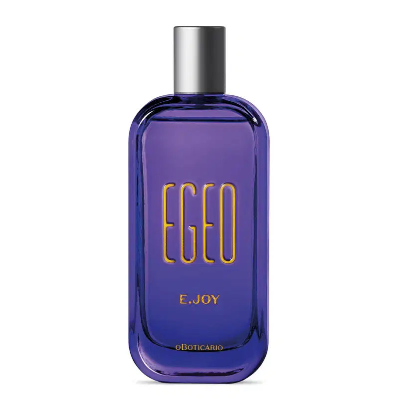 Vidro retangular azul com cantos arredondados, tampa prateada e letras na cor bege escuro contendo 90ml de desodorante colônia Egeo E.Joy.