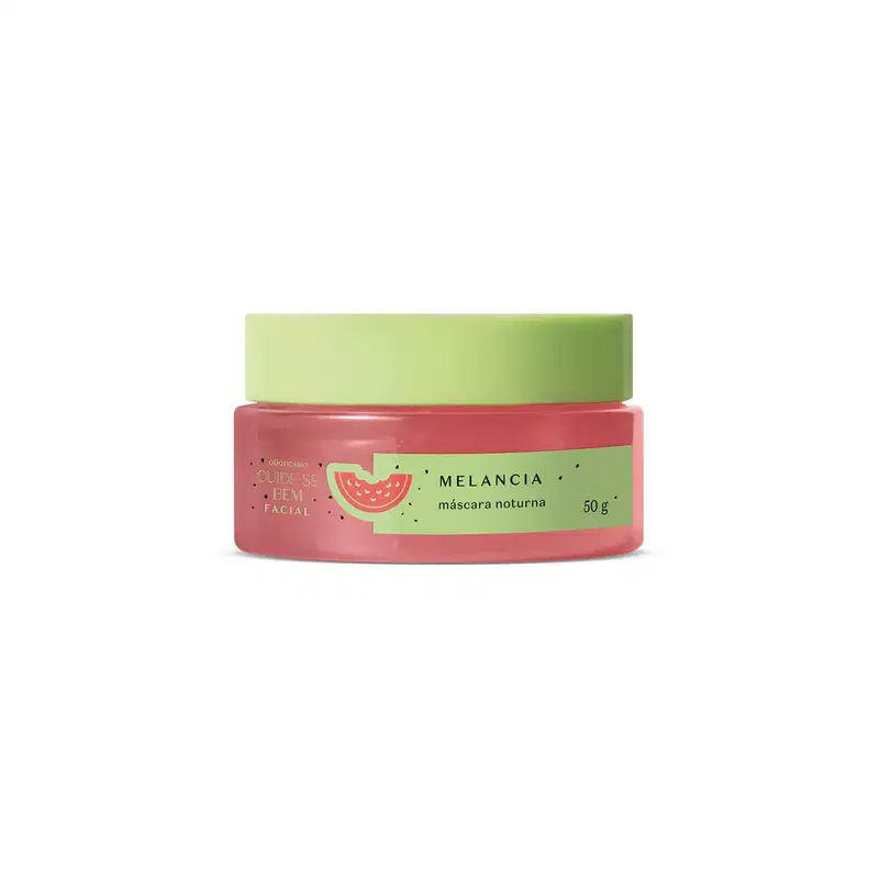 Pote redondo com creme vermelho, tampa verde e rótulo também verde com melancia ilustrada contendo 50g de máscara facial noturna Cuide-se Bem Feira Melancia.