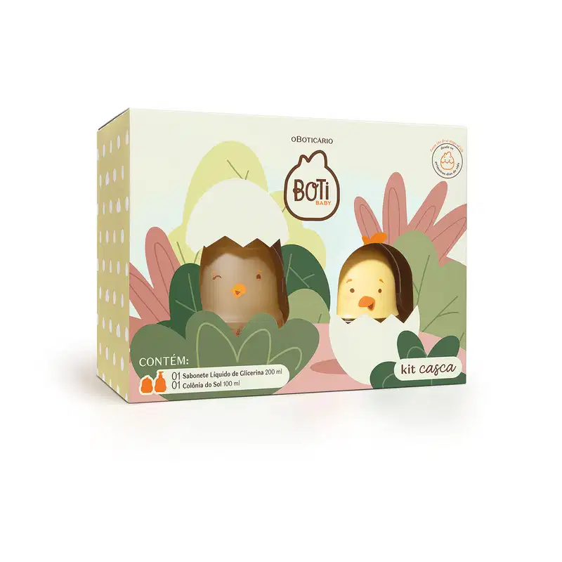 Kit Boti Baby que traz uma embalagem com desenhos de pintinhos saindo de dentro da casca do ovo em meio a folhagens. Dentro de caixa, há um sabonete líquido de glicerina e uma colônia do sol.
