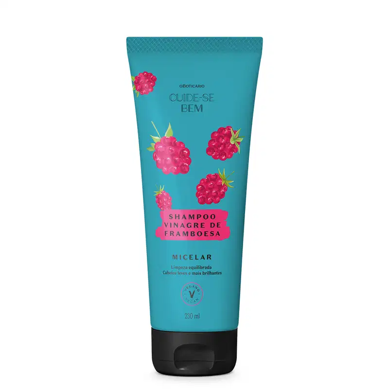 Frasco azul com tampa preta e ilustrações de framboesas na cor rosa contendo 230ml de shampoo Cuide-se Bem Feira Vinagre de Framboesa.