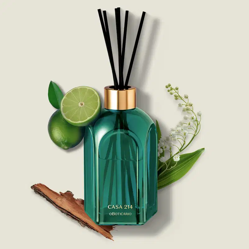 Difusor de ambientes em vidro verde com varetas e letras douradas da marca Casa 214 Brisa de Cedro cercado por folhas verdes, flor branca e pedaço de madeira em fundo bege claro.