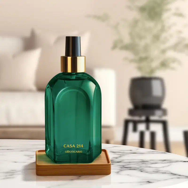 Vidro verde de tampa spray preta com detalhe e letras douradas contendo aromatizador de ambientes Casa 214 Brisa de Cedro sobre superfície de mármore branco, em ambiente com móveis escuros ao fundo.