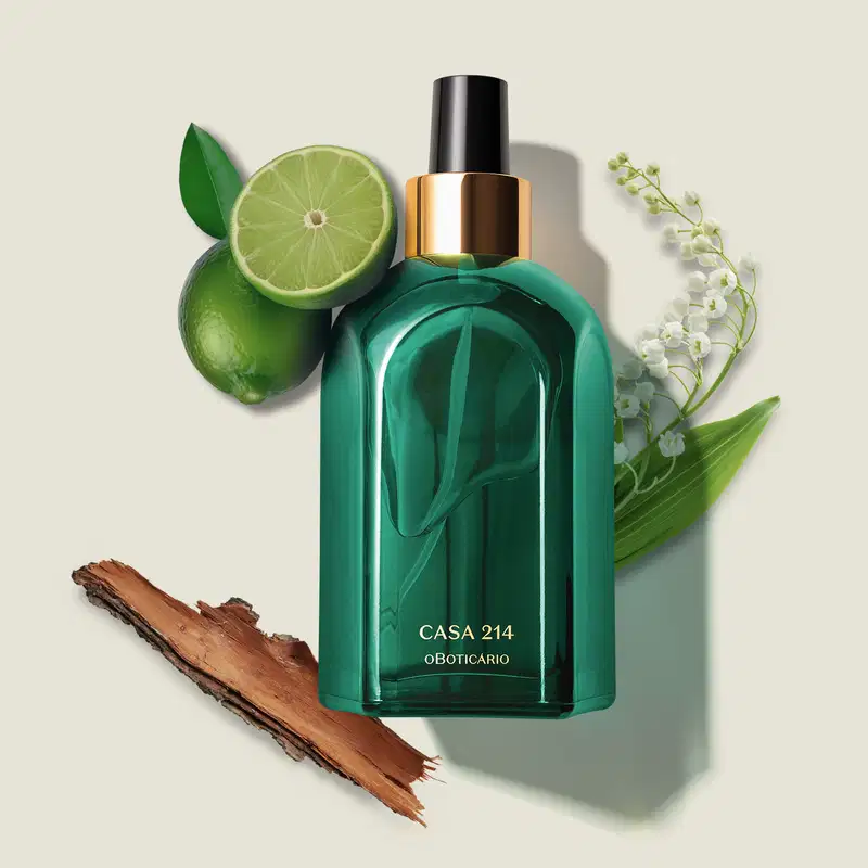 Vidro verde de tampa spray preta com detalhe e letras douradas contendo aromatizador de ambientes Casa 214 Brisa de Cedro em cenário com limão, folhas verdes e flores brancas sobre superfície clara.