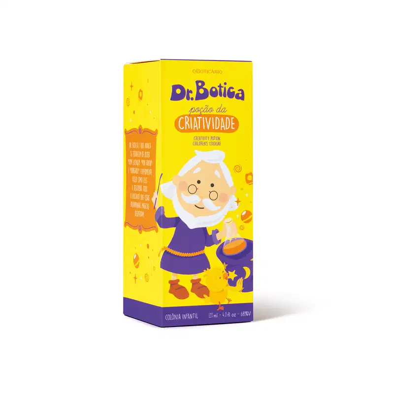 Caixa amarela e roxa da linha Dr. Botica, contendo colônia infantil Poção da Criatividade Dr. Botica com ilustração de personagem da marca,
