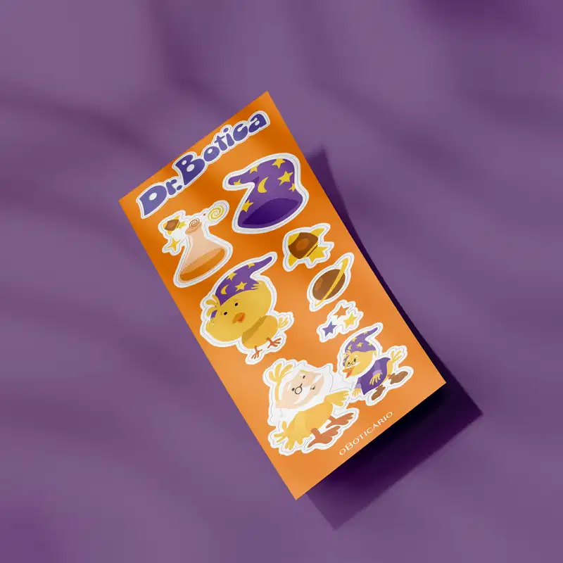 Adesivos coloridos de personagens fantásticos sobre fundo roxo que podem ser colados em qualquer lugar, inclusive nas embalagens dos produtos Dr. Botica.