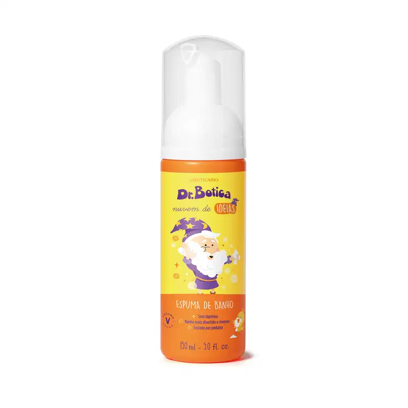 Espuma de banho corporal Nuvem de Ideias Dr. Botica em frasco de 150ml com tampa branca e rótulo amarelo e laranja com ilustração do personagem da marca e logo em letras azuis.