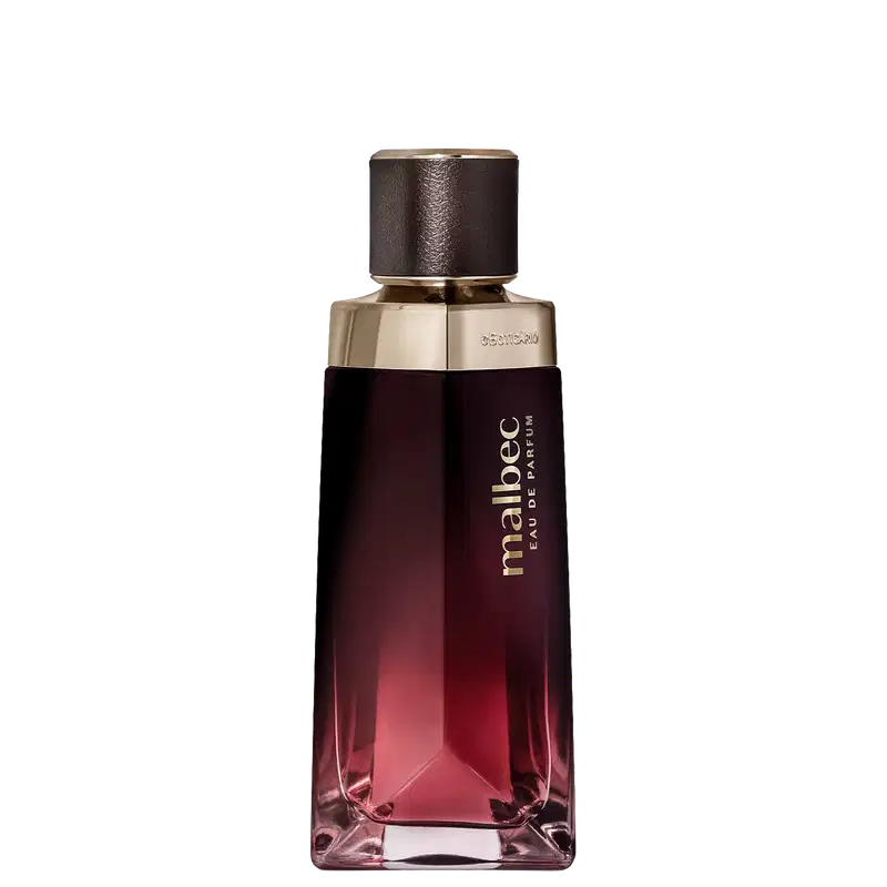 Frasco de perfume Malbec com design elegante em tons de vermelho e dourado, contendo líquido de cor rosada. O rótulo exibe o nome da marca em destaque.