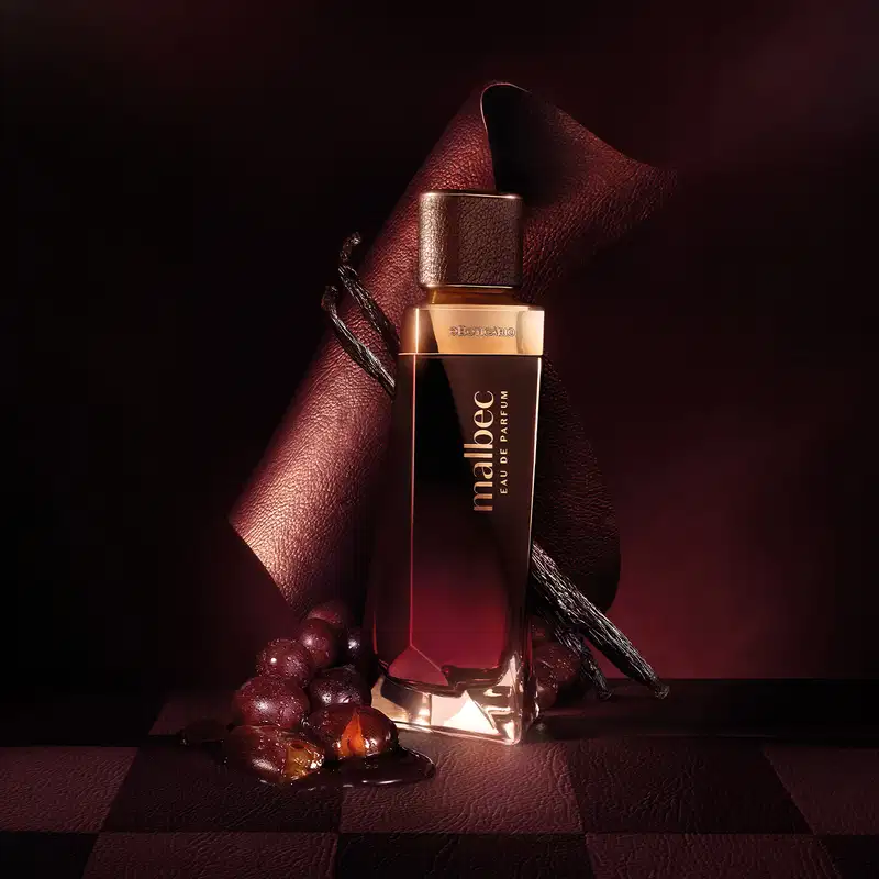 Frasco de item de perfumaria da marca Malbec sobre superfície de couro marrom escuro, com uvas decorativas ao redor, em ambiente iluminado por luz vermelha.