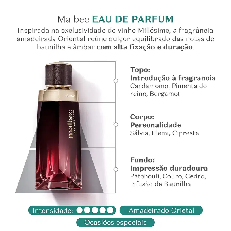 Malbec EAU DE PARFUM inspirada na exclusividade do vinho Millésime, a fragrância amadeirada Oriental reúne doçor equilibrado das notas de baunilha e âmbar com alta fixação e duração.