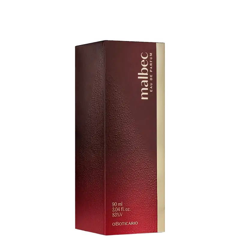 Caixa retangular de couro sintético na cor vinho, contendo frasco de perfume Malbec da marca Oboboticario. O rótulo exibe o nome da marca em letras brancas.