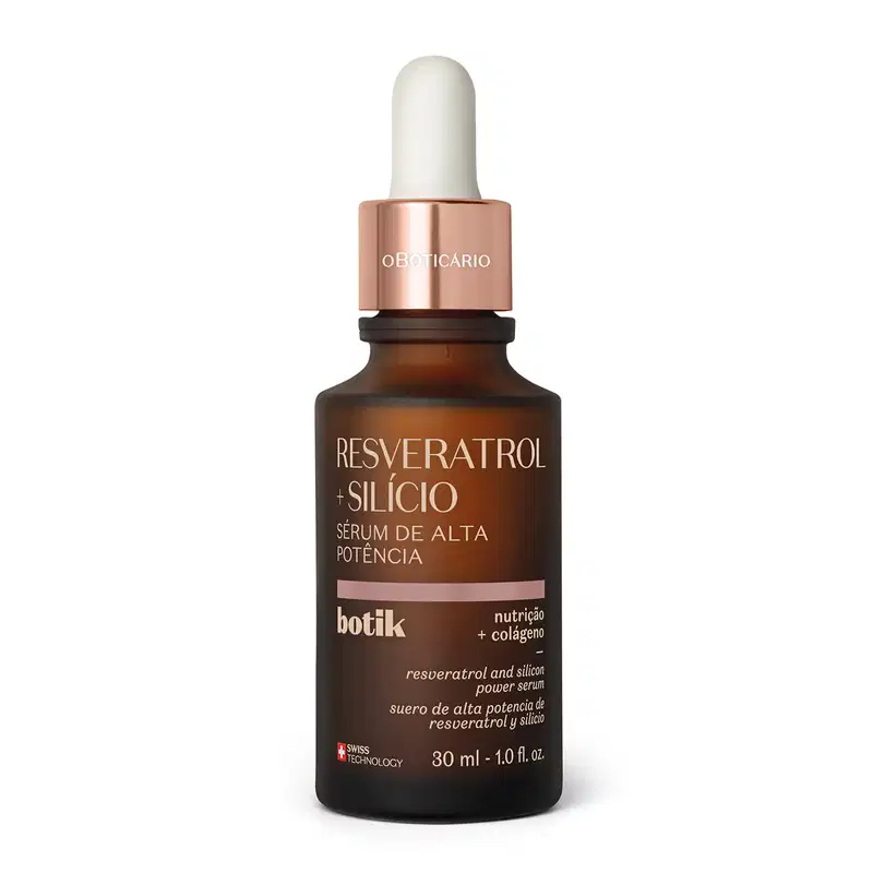 Frasco marrom com tampa dourada, conta-gotas branco e letras amarelas contendo 30ml de sérum de alta potência Botik Resveratrol e Silício.
