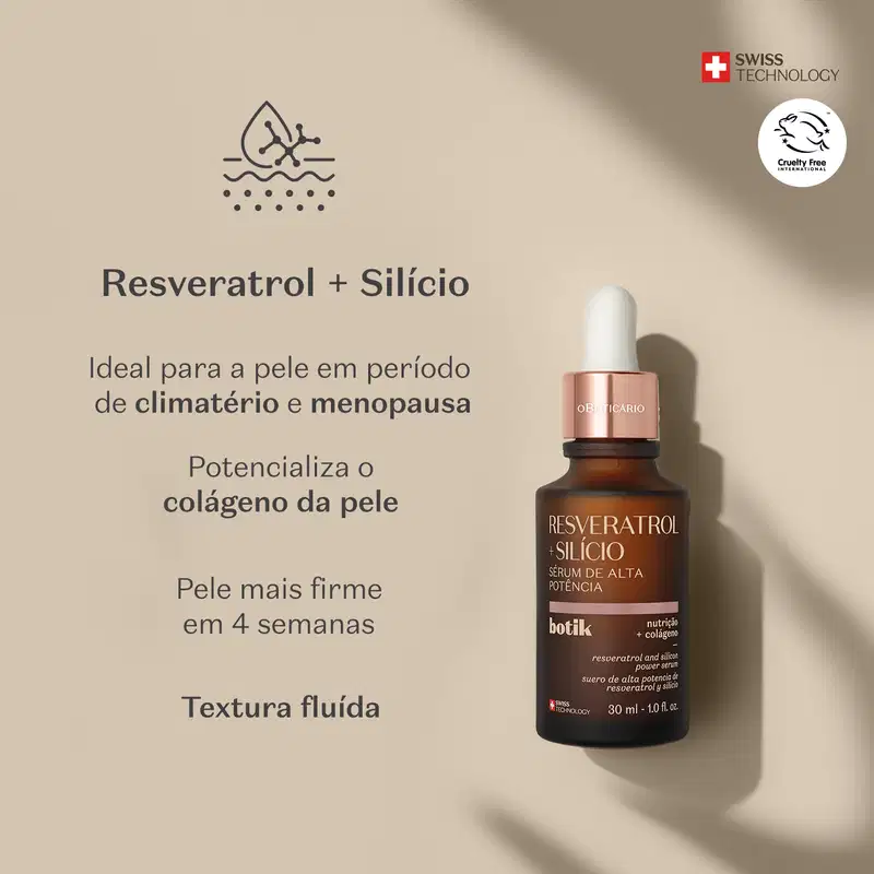 Frasco marrom com tampa dourada, conta-gotas branco e letras amarelas de sérum de alta potência Botik Resveratrol e Silício em fundo cinza com letras pretas informando os benefícios dos ingredientes principais: resveratrol e silício.