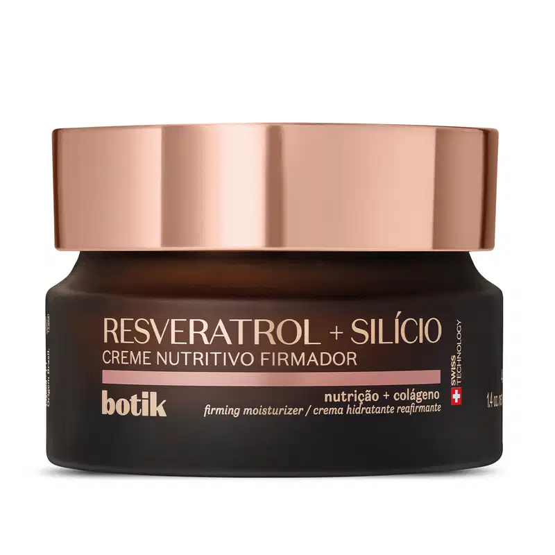 Pote marrom com tampa dourada e letras amarelas contendo 40g de creme nutritivo firmador Botik Resveratrol e Silício.
