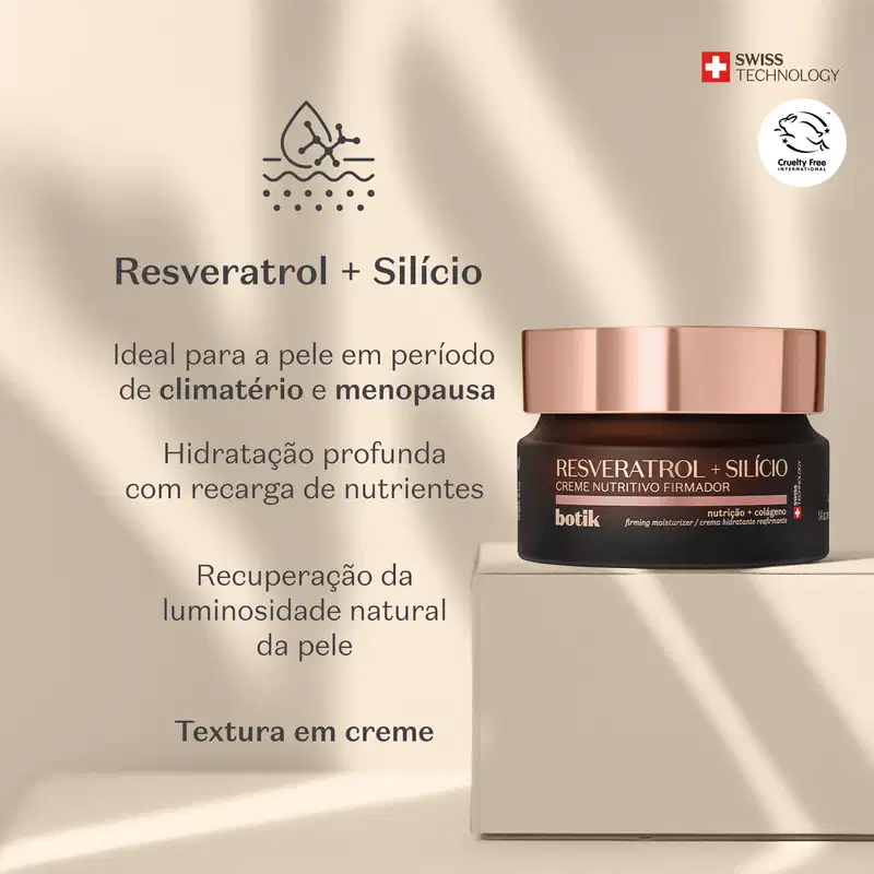 Pote marrom com tampa dourada e letras amarelas de creme nutritivo firmador Botik Resveratrol e Silício em fundo claro com letras pretas informando os benefícios dos ingredientes principais: resveratrol e silício.