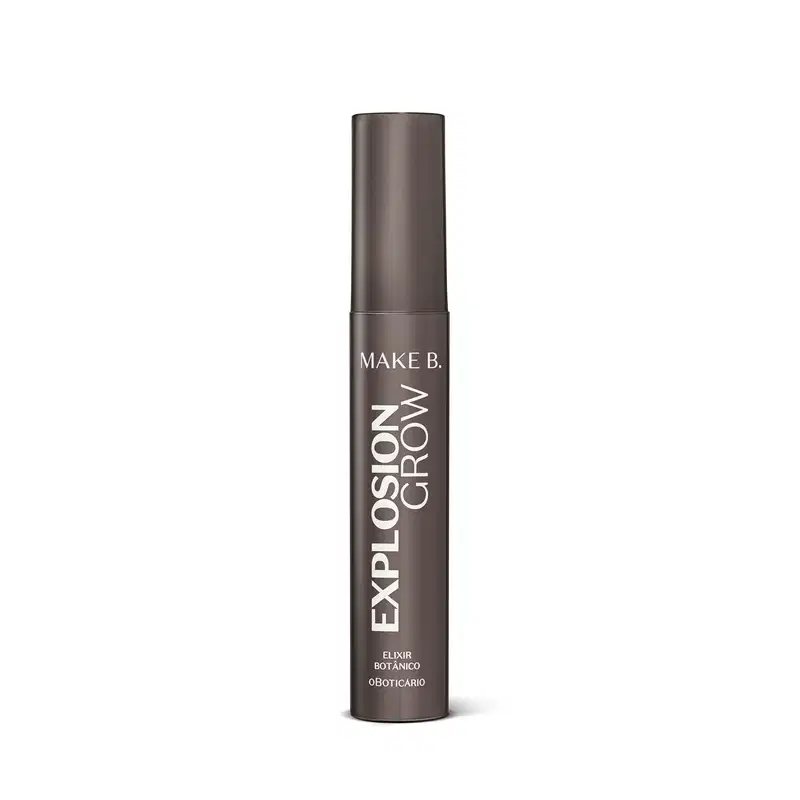 Tubo preto de mascara para cílios Make B. Explosion Grow com tampa preta e letras gravadas na embalagem em letras brancas.