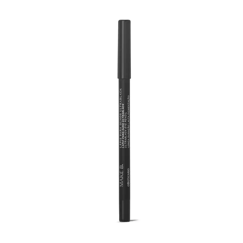 Lápis delineador de olhos preto da marca Make B. Ele tem uma embalagem cilíndrica preta e o corpo do lápis possui texto em letras brancas com o nome da marca gravada.