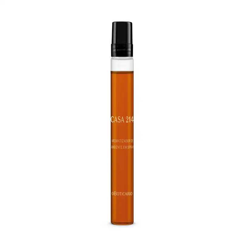 Frasco transparente de 10ml com líquido vermelho, tampa preta e letras amarelas no rótulo contendo aromatizador de ambientes em spray Casa 214 Vanilla Sublime.