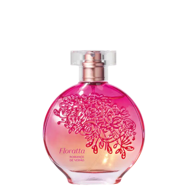 Item de perfumaria em frasco de vidro com tampa rosada. Embalagem com design floral em tons de rosa e laranja. Rótulo com o nome "Floratta Romance de Verao" em destaque.
