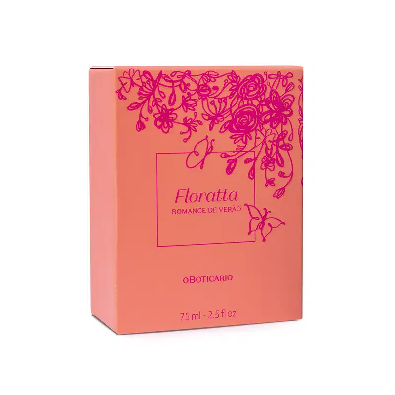 Caixa rosa com floral rosa escura contendo um vidro de desodorante colônia Floratta Romance de Verão.