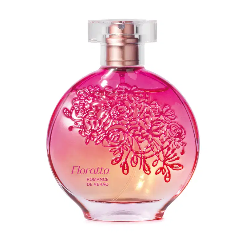 Vidro redondo com líquido rosa, floral em relevo rosa escuro, pulverizador prateado e tampa transparente contendo 75ml de desodorante colônia Floratta Romance de Verão.