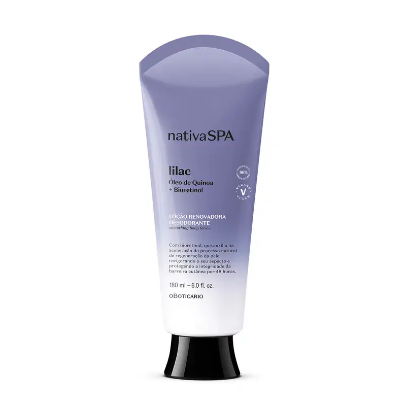 Bisnaga em degradê de lilás e branco com tampa preta e letras brancas e pretas contendo 180ml de loção renovadora hidratante corporal Nativa SPA Lilac.