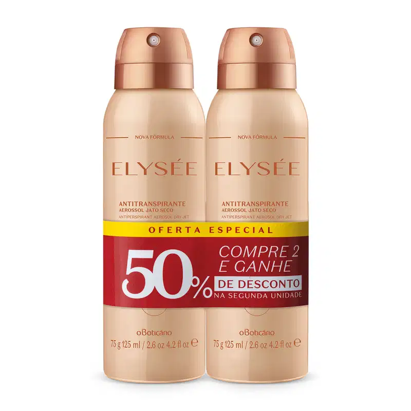 Dois frascos na cor rosa claro com tampas e letras rosa metalizado contendo, em cada um, 75g/125ml de desodorante antitranspirante aerossol da marca Elysée. Há rótulo vermelho em volta deles indicando promoção de 50% de desconto na segunda unidade.