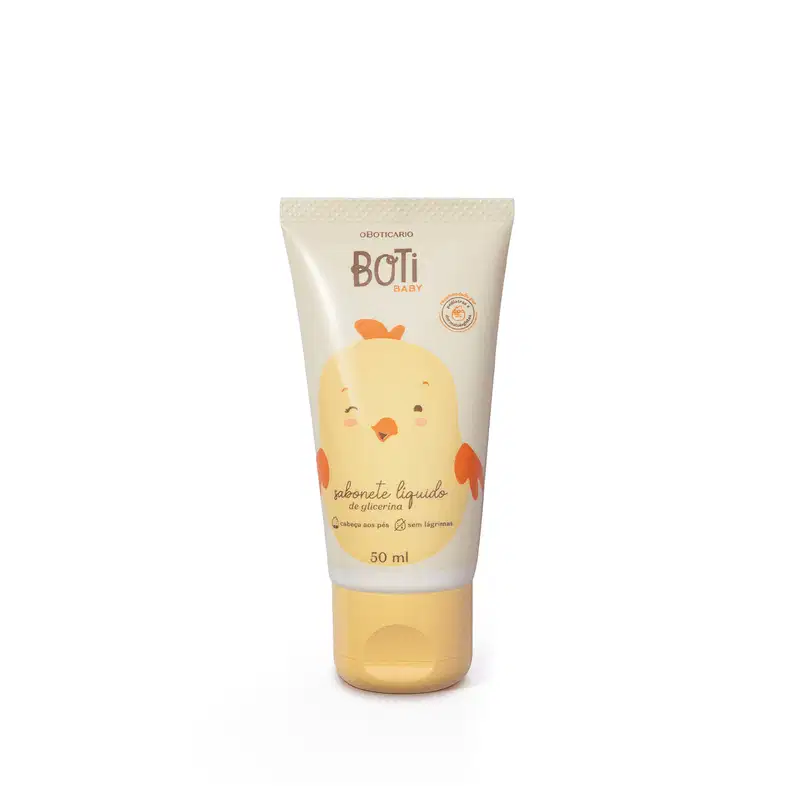 Bisnaga branca com tampa amarela e ilustração de um pintinho amarelo e laranja no rótulo contendo 50ml de sabonete líquido glicerinado Boti Baby.
