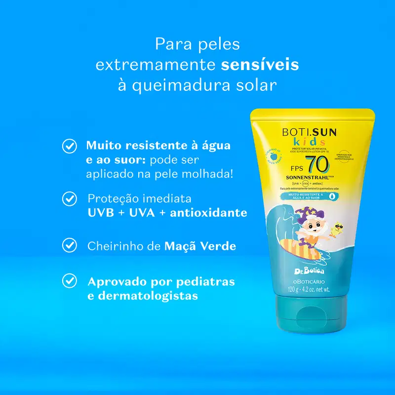 Imagem de embalagem amarela e azul de protetor solar infantil Boti Sun Kids com FPS 70 Dr. Botica em fundo azul e texto em branco informando os benefícios do produto.