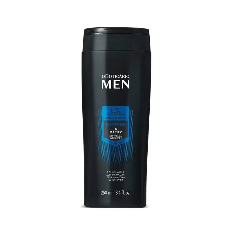 Frasco preto com detalhes azuis e letras brancas contendo 250ml de shampoo e condicionador 2 em 1 da marca Men.