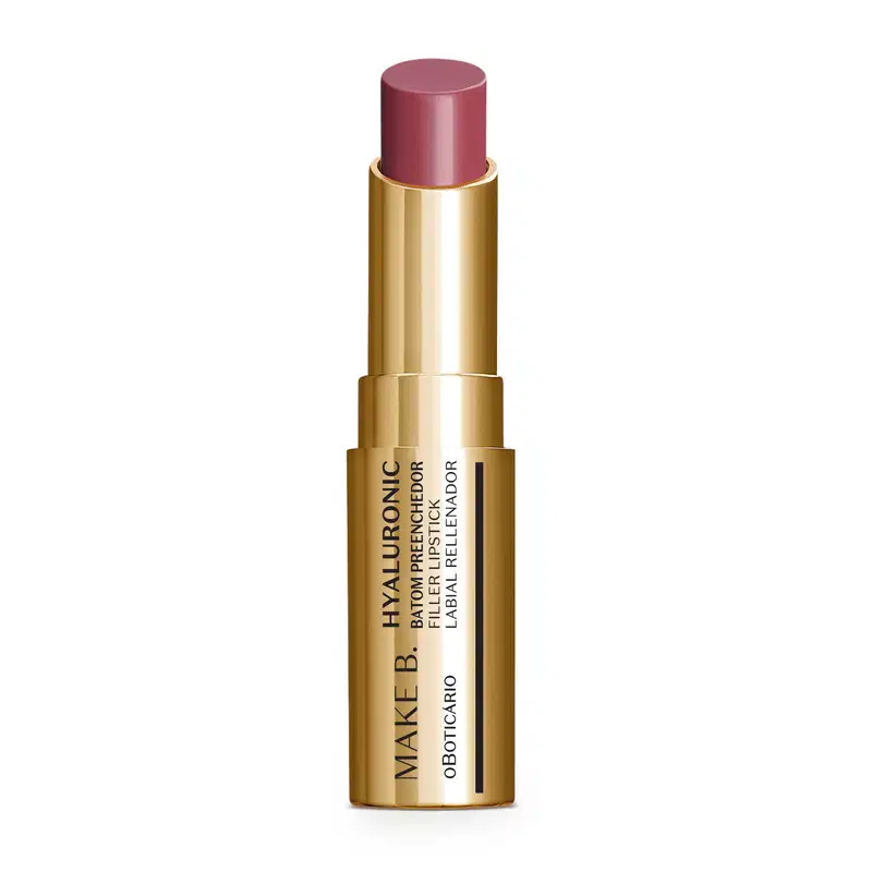 Batom preenchedor na cor Rosa Rose Blush da marca Make B. Hyaluronic em tubo dourado com letras pretas.