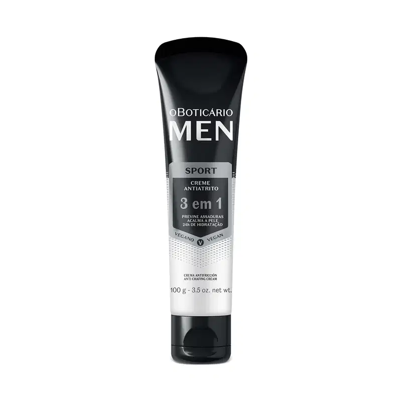 Bisnaga preta e branca com detalhes cinza contendo 100g de creme antiatrito 3 em 1 da marca Men Sport.
