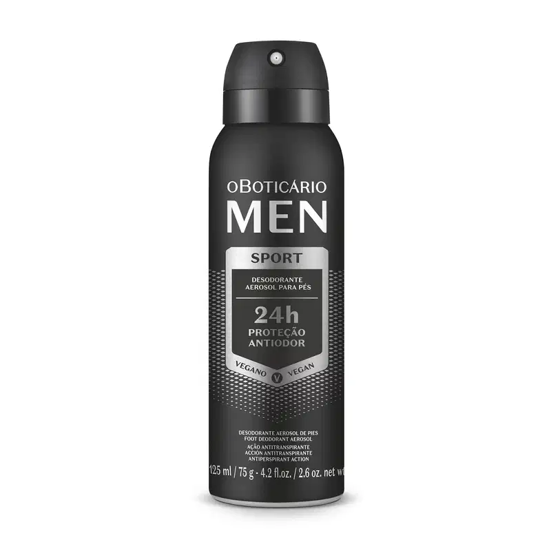 Frasco preto com detalhes prateados e letras brancas contendo 125ml/75g de desodorante aerossol para os pés da marca Men Sport.