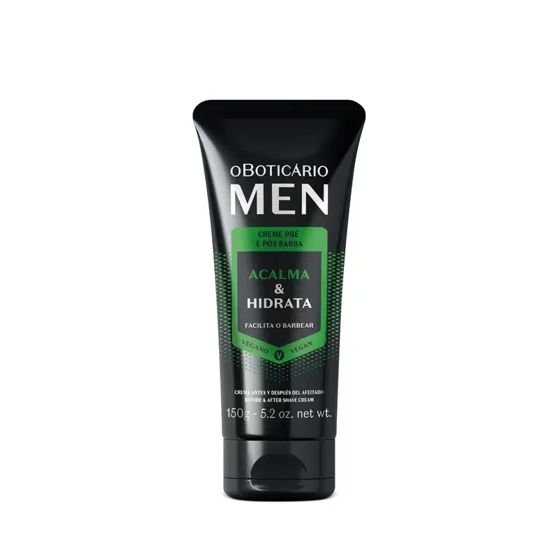 Frasco preto com detalhe verde e letras brancas contendo 150g de creme pré e pós barba da marca Men.