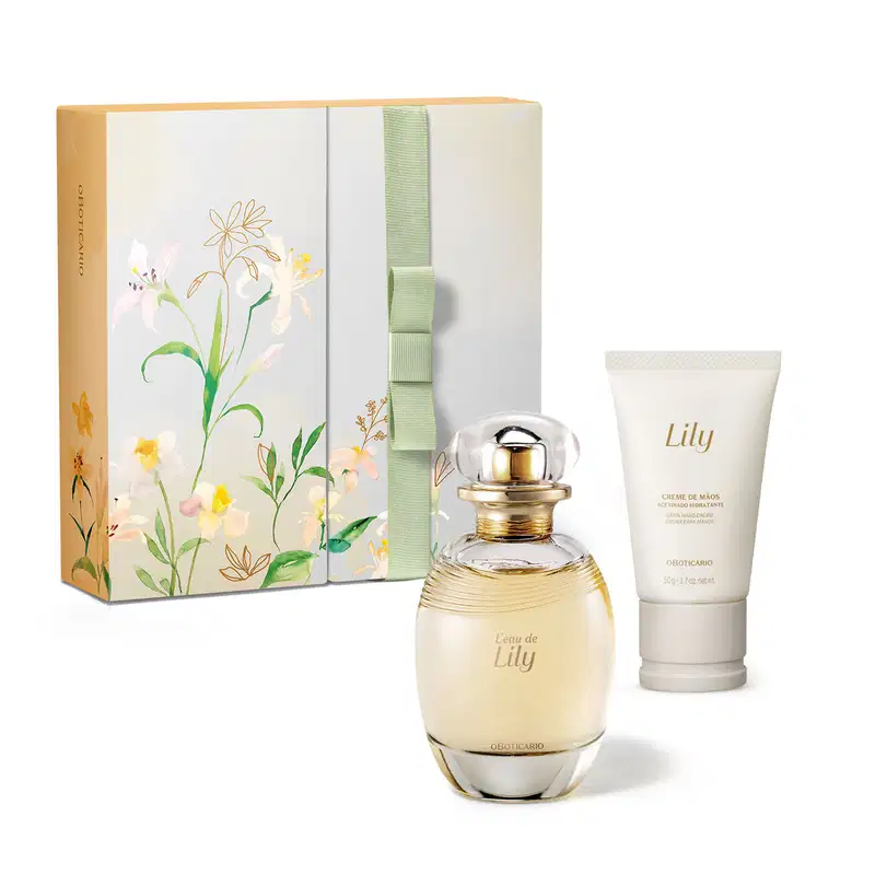 Caixa com ilustração de flores e folhagens coloridas, acompanhada de dois itens da marca L'eau de Lily: vidro oval com líquido bege e tampa dourada de desodorante colônia e frasco branco com tampa bege e letras douradas de creme de mãos.