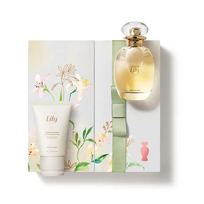 Caixa com ilustração de flores e folhagens coloridas, acompanhada de dois itens da marca L'eau de Lily: vidro oval com líquido bege e tampa dourada de desodorante colônia e frasco branco com tampa bege e letras douradas de creme de mãos.