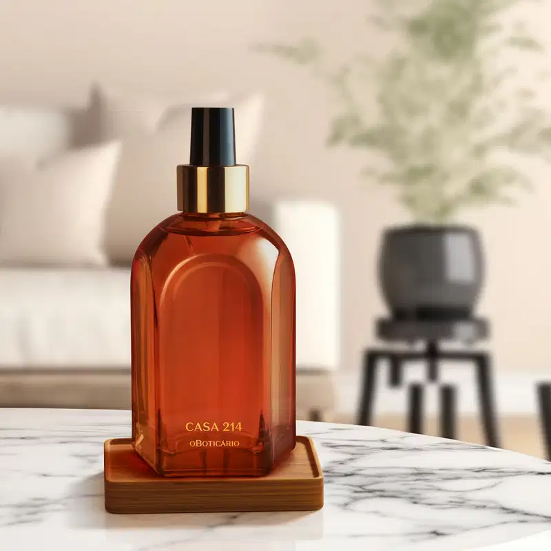 Vidro laranja de tampa spray preta com detalhe e letras douradas contendo aromatizador de ambientes Casa 214 Vanilla Subllime sobre superfície de mármore branco, em ambiente com móveis escuros ao fundo.