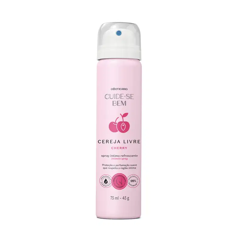 Frasco rosa claro com tampa branca, letras pretas e cerejas vermelhas ilustradas no rótulo contendo 75ml de spray íntimo refrescante Cuide-se Bem Cereja Livre.