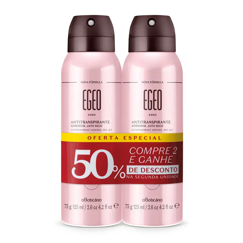 Dois frascos na cor rosa metalizado com tampas e letras pretas contendo, em cada um deles, 75g/125ml de desodorante antitranspirante aerossol da marca Egeo Choc. Há rótulo vermelho em volta deles indicando promoção de 50% de desconto na segunda unidade.
