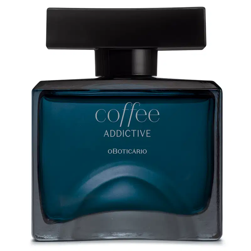 Vidro quadrado azul com tampa retangular preta e rótulo com letras cinzas contendo 100ml de desodorante colônia Coffee Addictive Oriental Aromático.