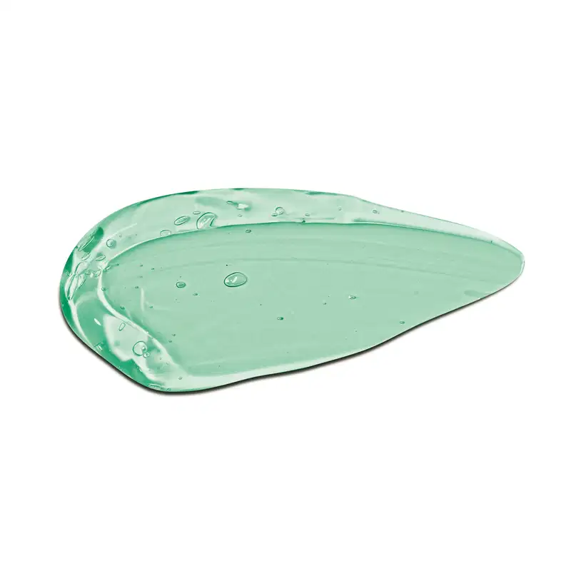Textura verde-clara, brilhante e transparente com pequenas bolhas, em superfície plana e lisa da geleia desodorante refrescante corporal da marca Cuide-se Bem Bob Esponja e Amigos com consistência de gel.