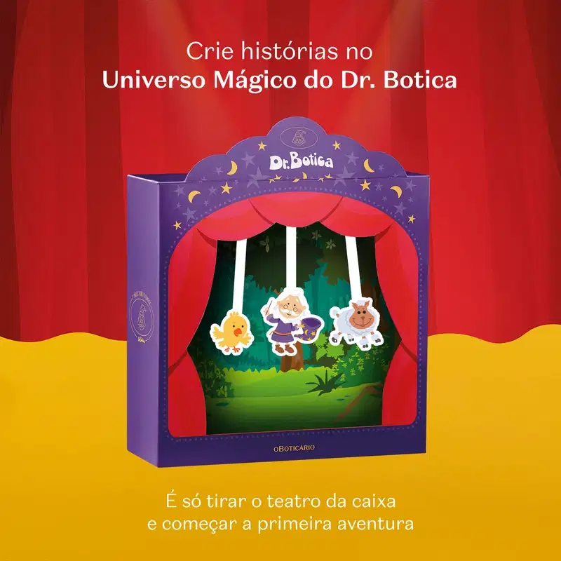 Caixa de presente que se transforma em um teatro de bonecos da marca Dr. Botica. A criança só precisa destacar os personagens da caixa e começar a primeira aventura, criando suas próprias histórias.