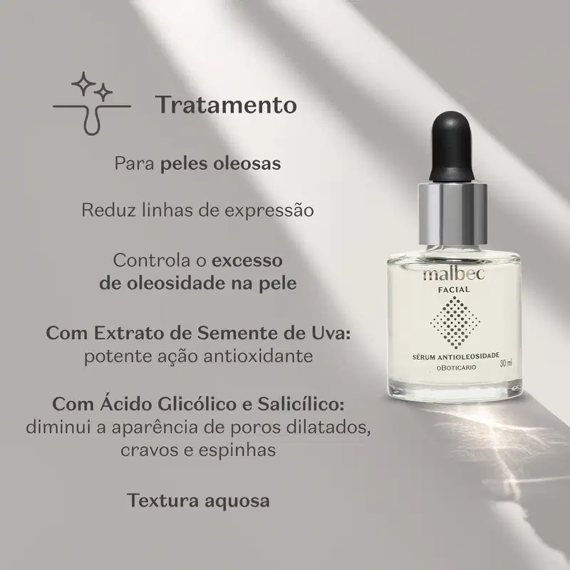 Frasco com líquido transparente, tampa prateada, conta-gotas preto e rótulo prateado de sérum antioleosidade Malbec Facial em fundo cinza com alguma iluminação e letras pretas informando os benefícios do produto.