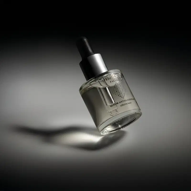 Frasco com líquido transparente, tampa prateada, conta-gotas preto e rótulo prateado de sérum antioleosidade Malbec Facial em fundo preto com iluminação em cima da embalagem.