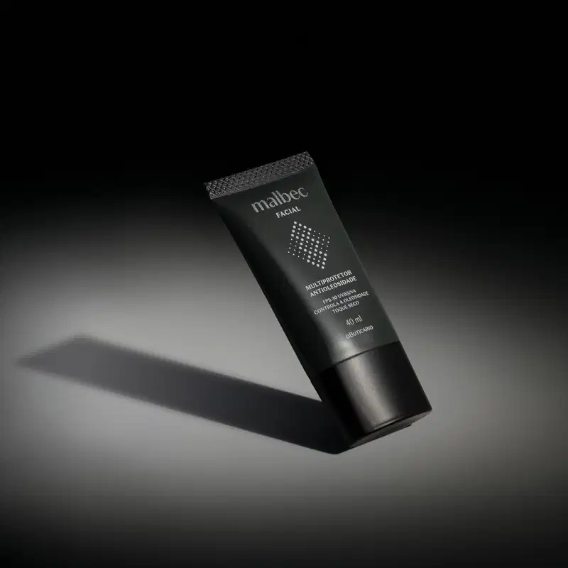 Frasco cinza escuro com tampa preta e letras na cor cinza claro e branco de multiprotetor antioleosidade FPS30 Malbec Facial em fundo preto com iluminação em cima do produto.
