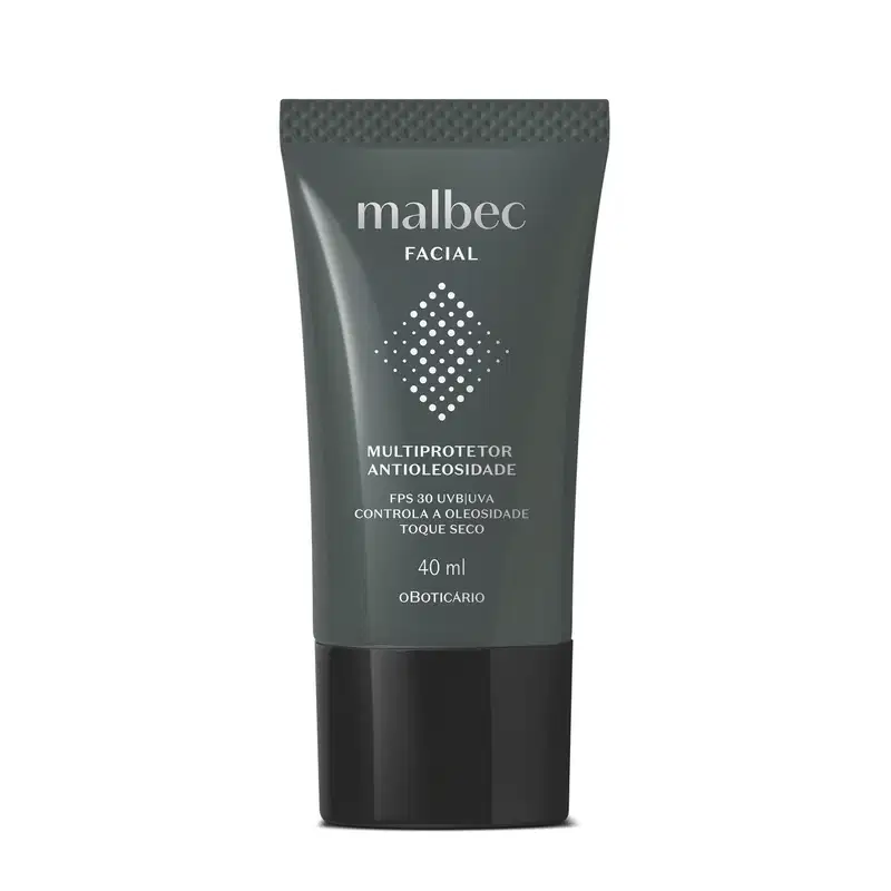 Frasco cinza escuro com tampa preta e letras na cor cinza claro e branco contendo 40ml de multiprotetor antioleosidade FPS30 Malbec Facial.