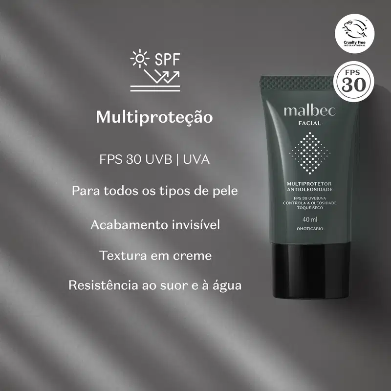 Frasco cinza escuro com tampa preta e letras na cor cinza claro e branco contendo [multiprotetor antioleosidade FPS30 Malbec Facial. Está em fundo cinza  com letras brancas informando os benefícios do produto.