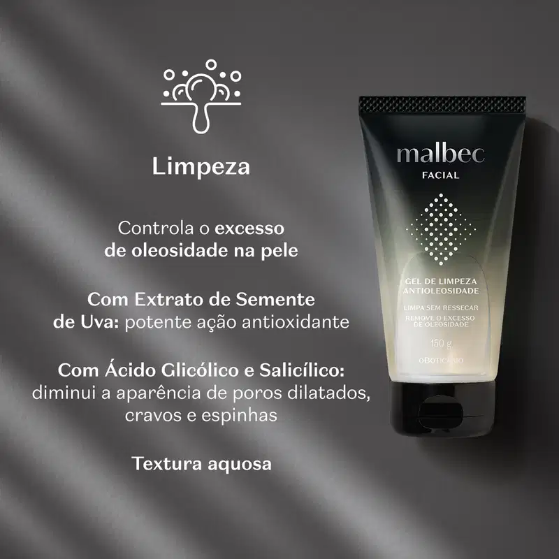 Frasco com degradê de preto e branco com tampa preta e rótulo com letras e detalhes brancos de gel de limpeza antioleosidade Malbec Facial em fundo preto ondulado e letras brancas informando os benefícios do produto.