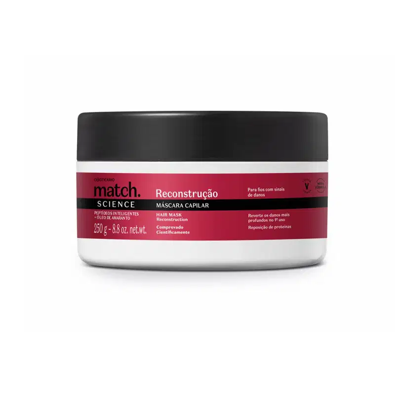 Pote branco com tampa preta e rótulo nas cores vermelha metalizada, preto e branco, contendo 250g de máscara capilar Match Science Reconstrução.